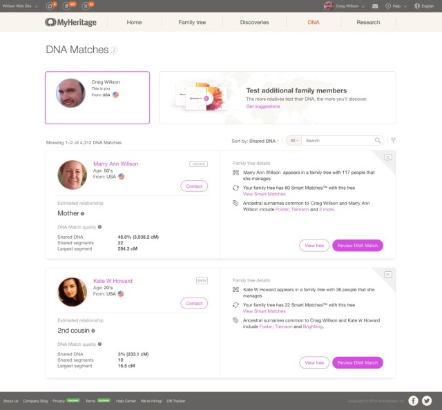 MyHeritage DNA Matches page (Large)